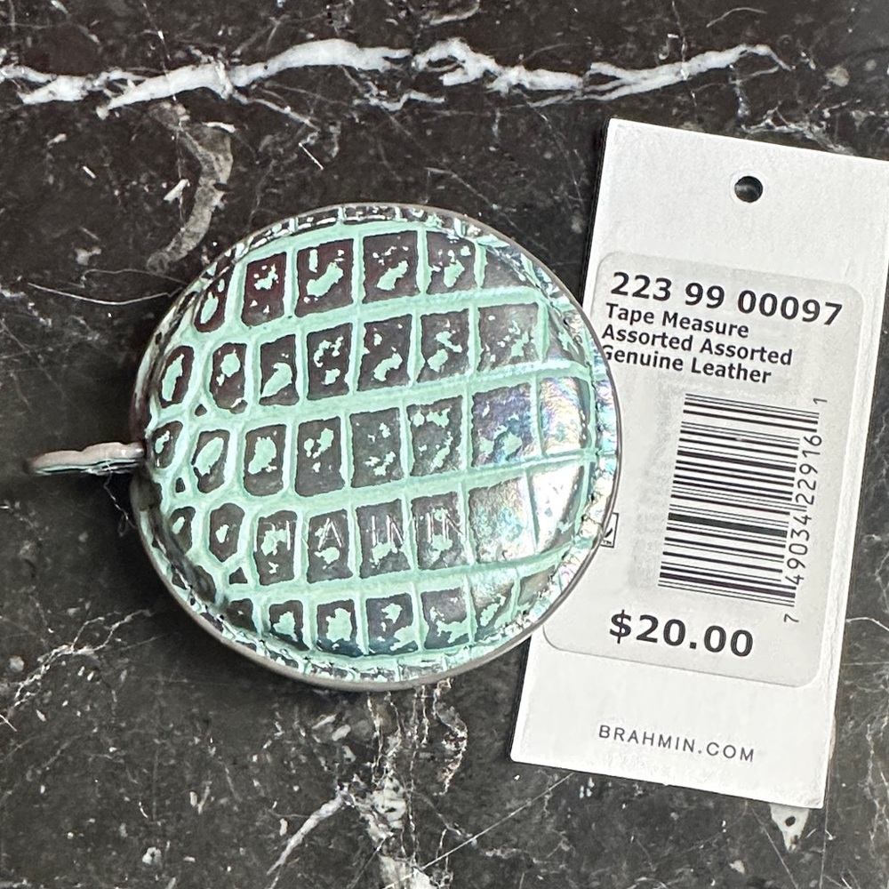 Brahmin Iridescent Mint Green Croc-Embossed Round Tape Measure
